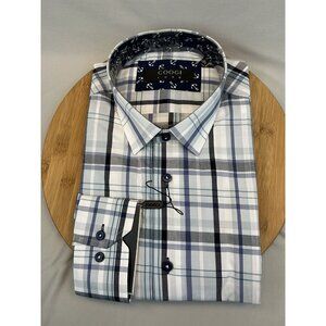 Coogi Luxe Button Up XL Mens Long Sleeve Plaid White Blues Flip Cuff
